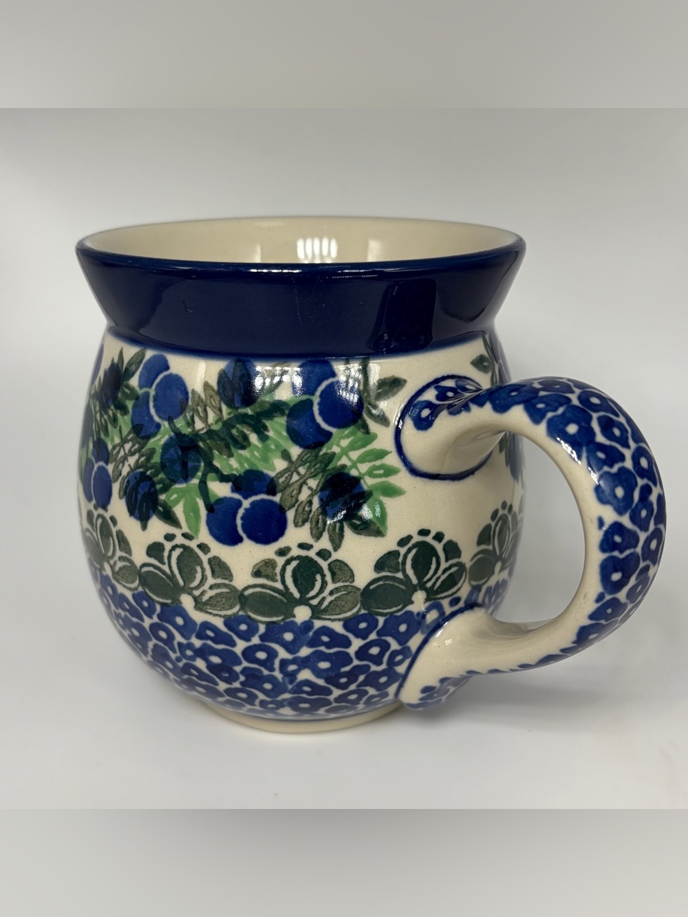 Vintage Polish Pottery Ceramika Artystyczna Handmade Bubble Mug Blueberry Design